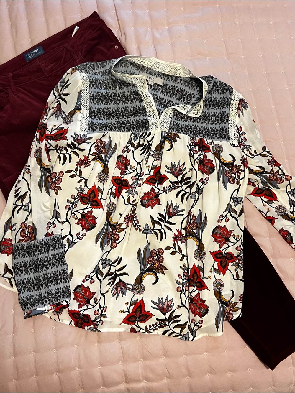 LOFT Cream Floral Split-Neck Tunic with Red and Blue Accents